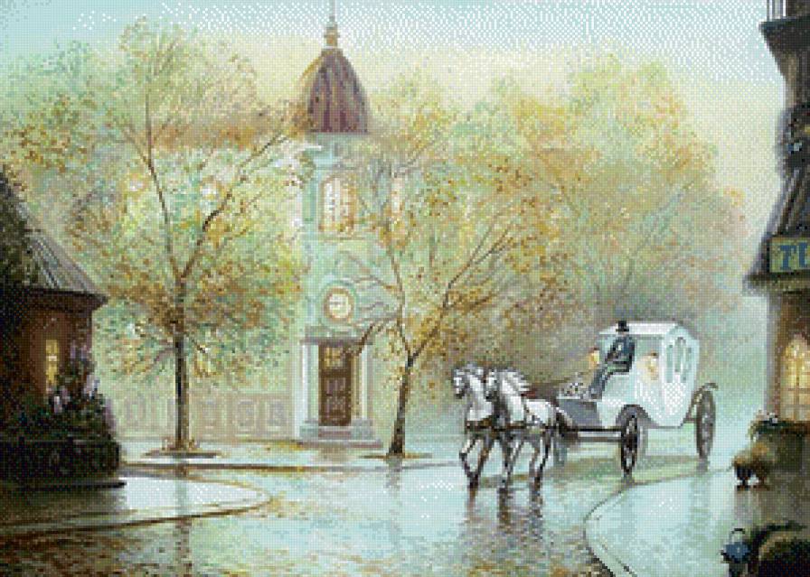 Одинокая карета - туман, пейзаж, карета, город - предпросмотр