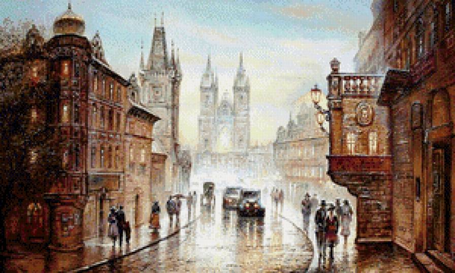 В городе дождь - вечер, люди, машины, зонтики, город, дождь, фонари - предпросмотр