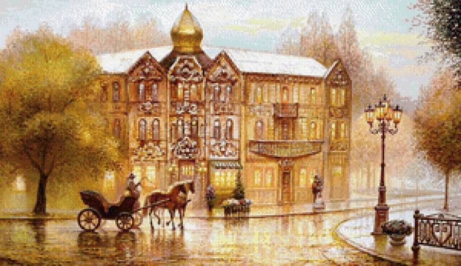 В городе дождь - повозка, вечер, пейзаж, карета, дождь, фонари, город - предпросмотр