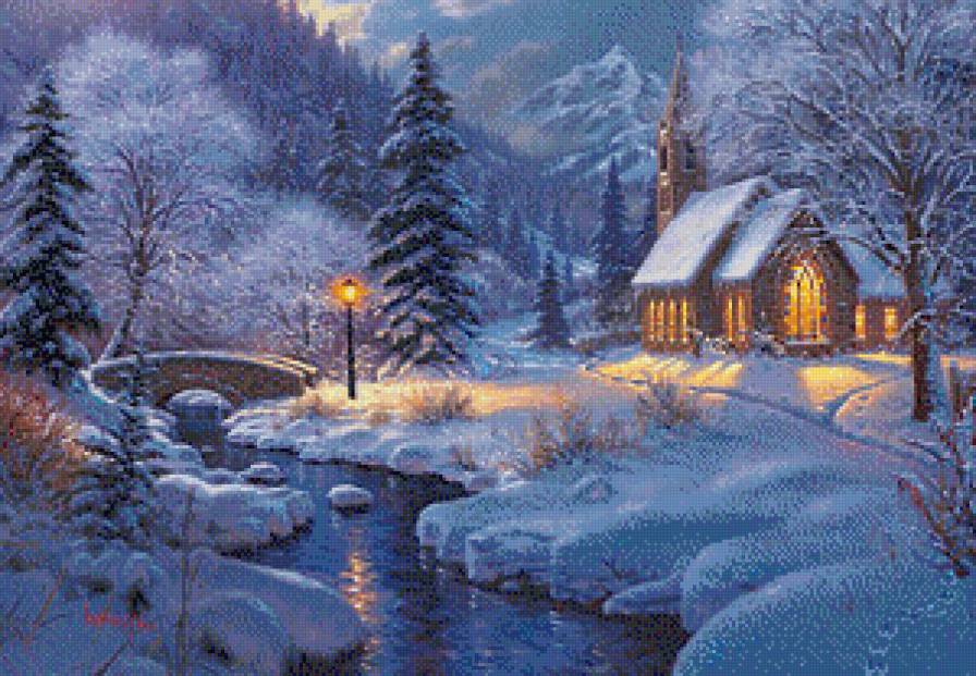 Зимний вечер - пейзаж, елки, домик, зима.мост, фонари, картина, река - предпросмотр