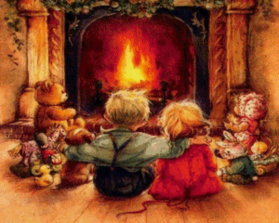детки у камина - камин, дом, комната, мальчик, дети, очаг, девочка, люди - предпросмотр