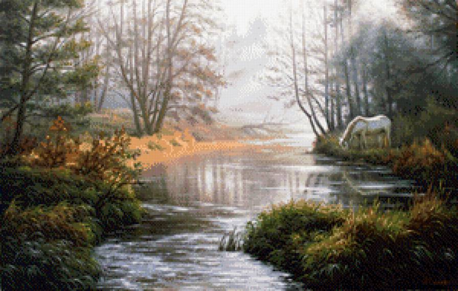 лошадь на водопое - река, лес, природа, животные, пейзаж, лошади - предпросмотр