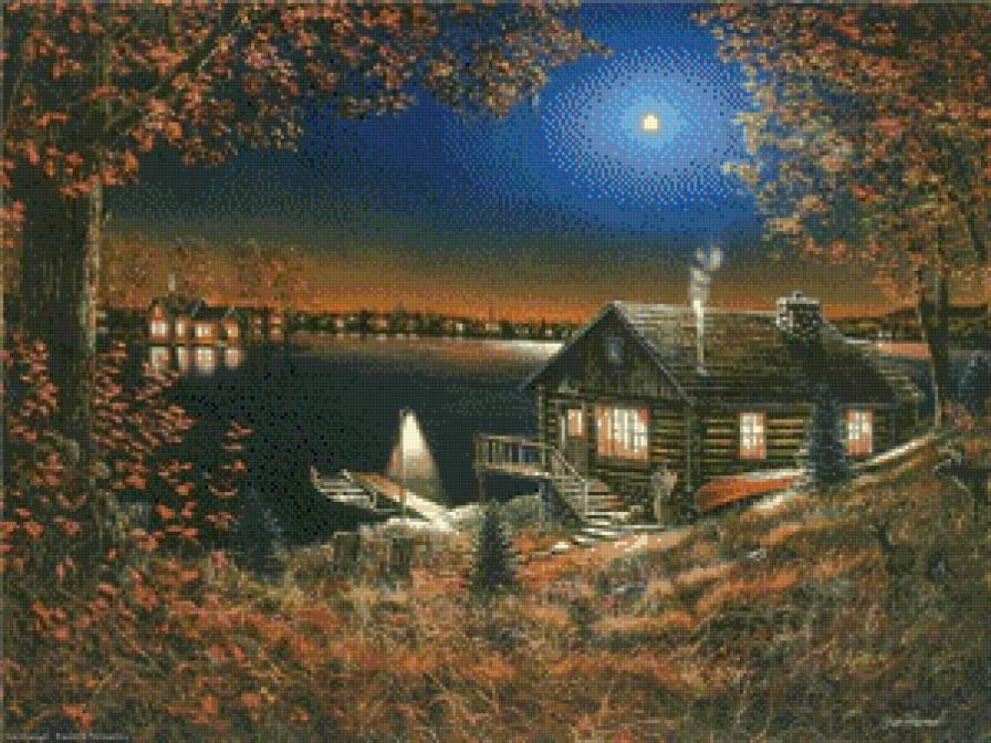 джуди гибсон 26 домик на берегу - джуди гибсон, причал, картина, пейзаж, домик, ночь, озеро, оека - предпросмотр