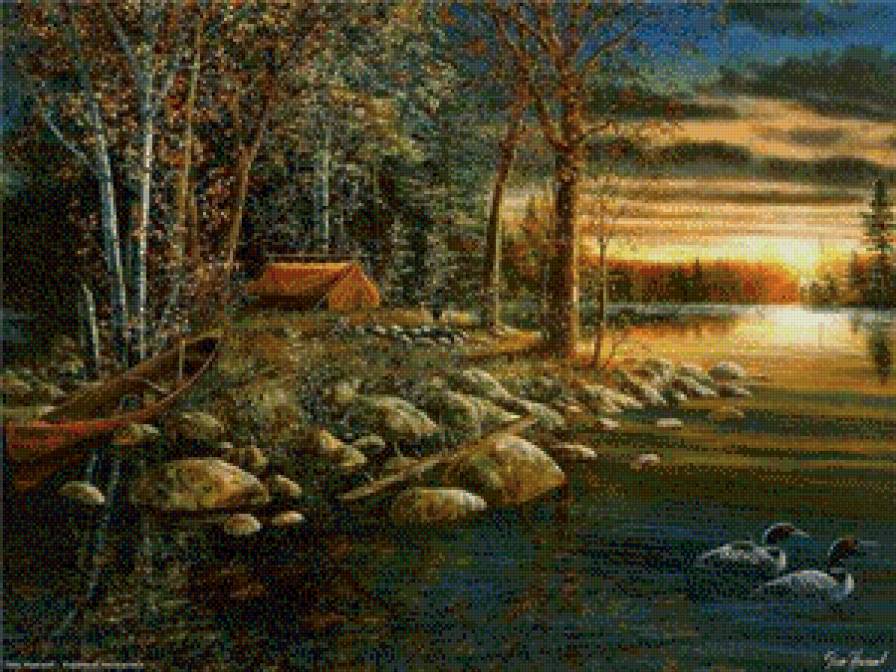 джуди гибсон 27 на островке - пейзаж, берег, природа, река, картина, палатка, джуди гибсон, остров - предпросмотр