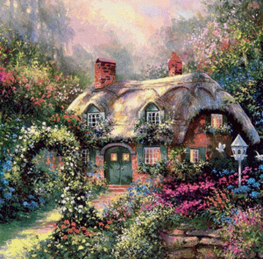 цветы у дома - цветы, садик, дорожка, арка, домик, природа, сад, сказка, дом - предпросмотр