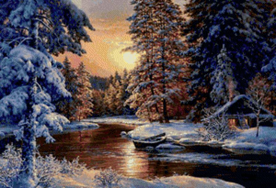 домик у реки - зима, дом, лес, река, природа, рождество, снег, домик - предпросмотр