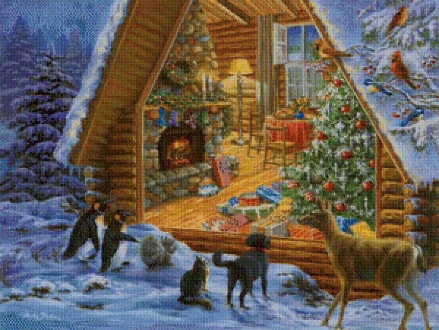 зверушки у избушки - зима, снег, деревья, избушка, горы, домик, животные, лес - предпросмотр