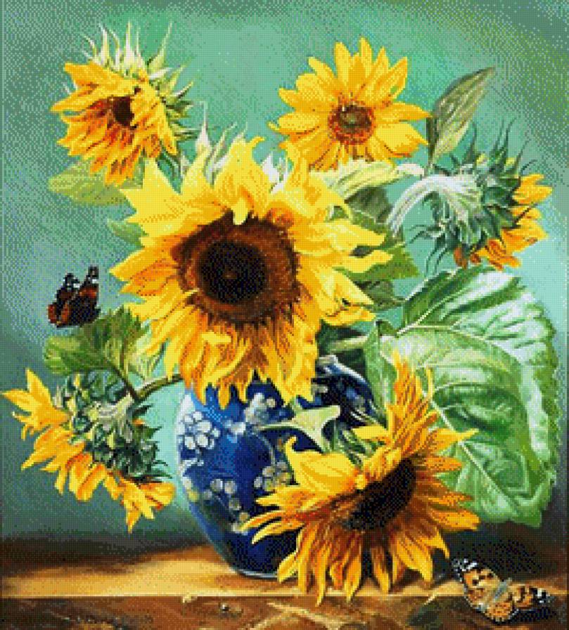 Подсолнухи - букет, цветок, ваза, подсолнух, цветы, бабочка - предпросмотр