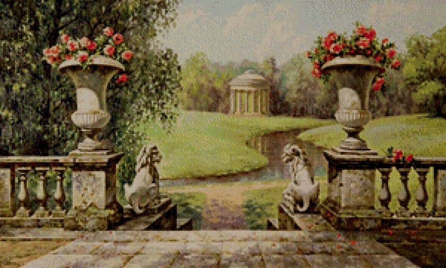 пейзаж - картина, лестница, природа, живопись, статуя, беседка, ваза, лев, цветы - предпросмотр