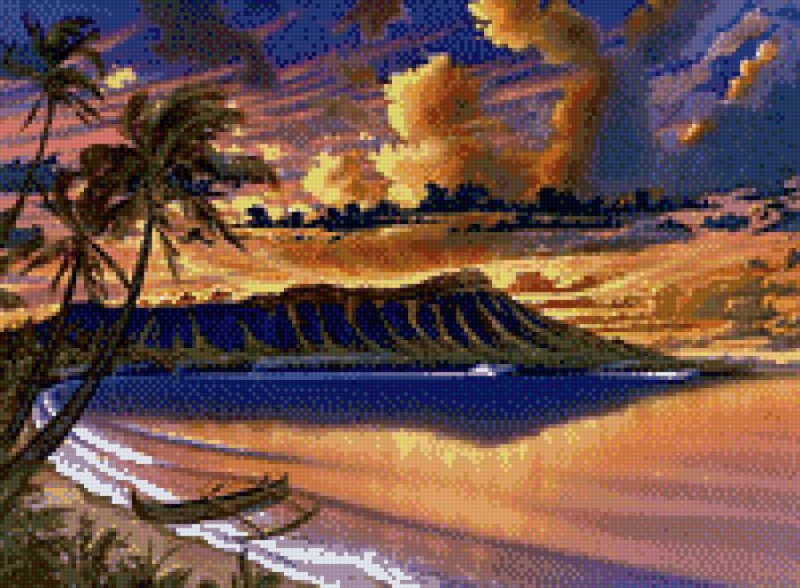 закат над морем - пейзаж, пальмы, море, закат - предпросмотр