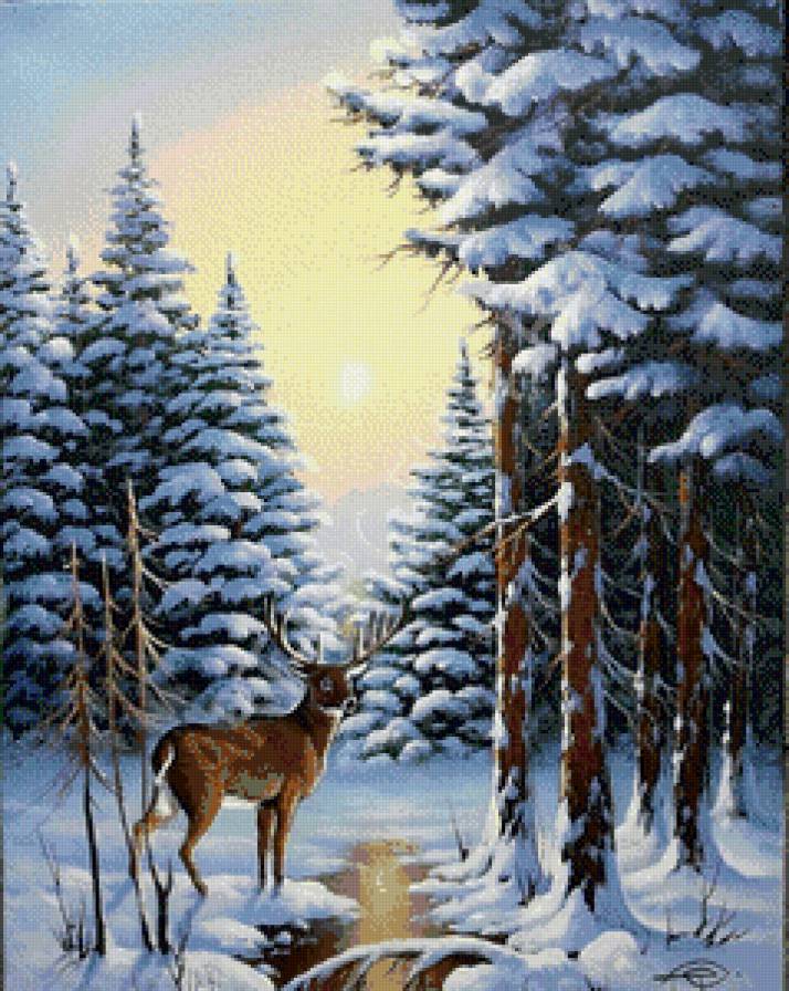 лесной ручей - олени, животные, зима, ручей, лес, природа - предпросмотр