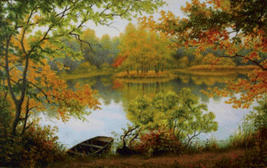 картина - , речка, лодка, природа - предпросмотр