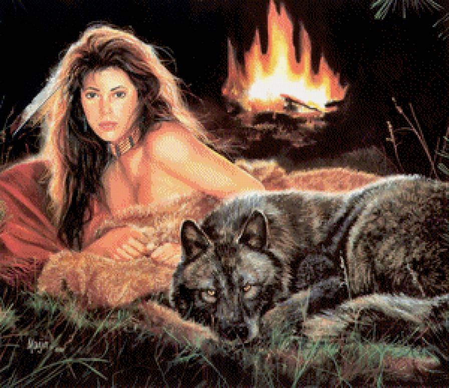 у огня - женщина, животные, романтика - предпросмотр