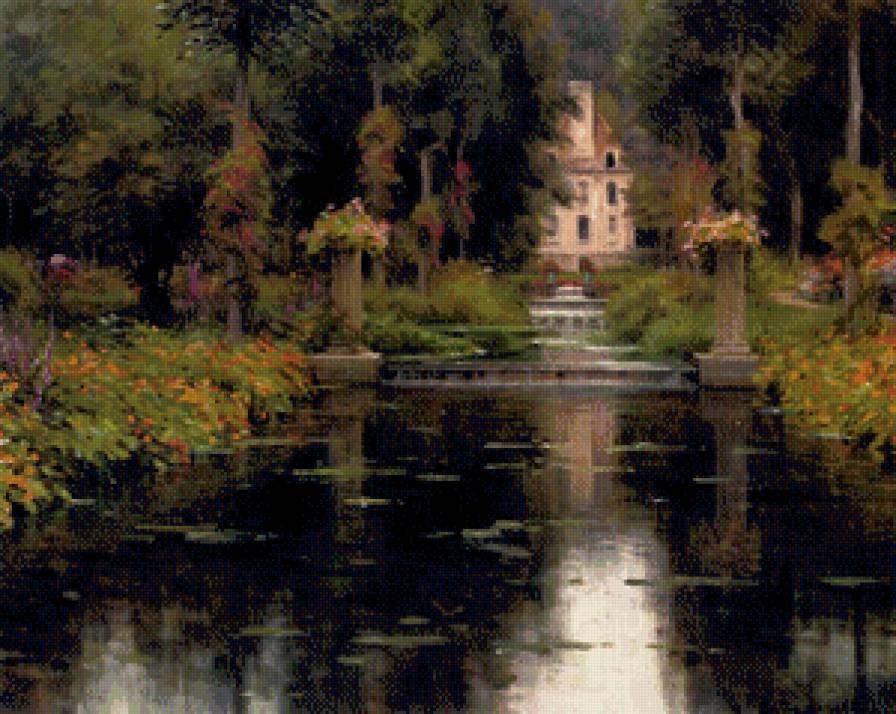 луис астон найт 7 в старом парке - природа, картина, луис астон найт, цветы, домик, пейзаж, река - предпросмотр