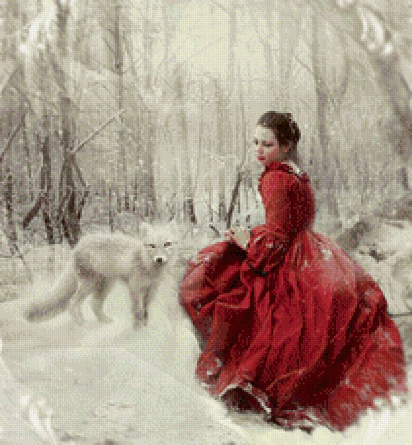 зимний лес - снег, лиса, лес, зима, девушка - предпросмотр