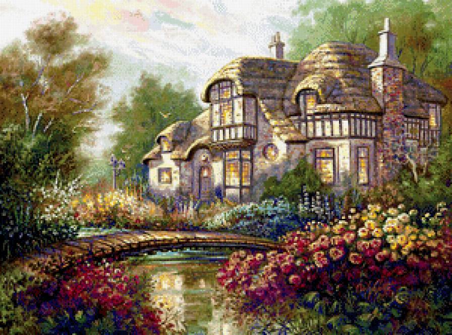 Домик, утопающий в цветах - домик, мостик, пруд, цветы, красота, пейзаж - предпросмотр