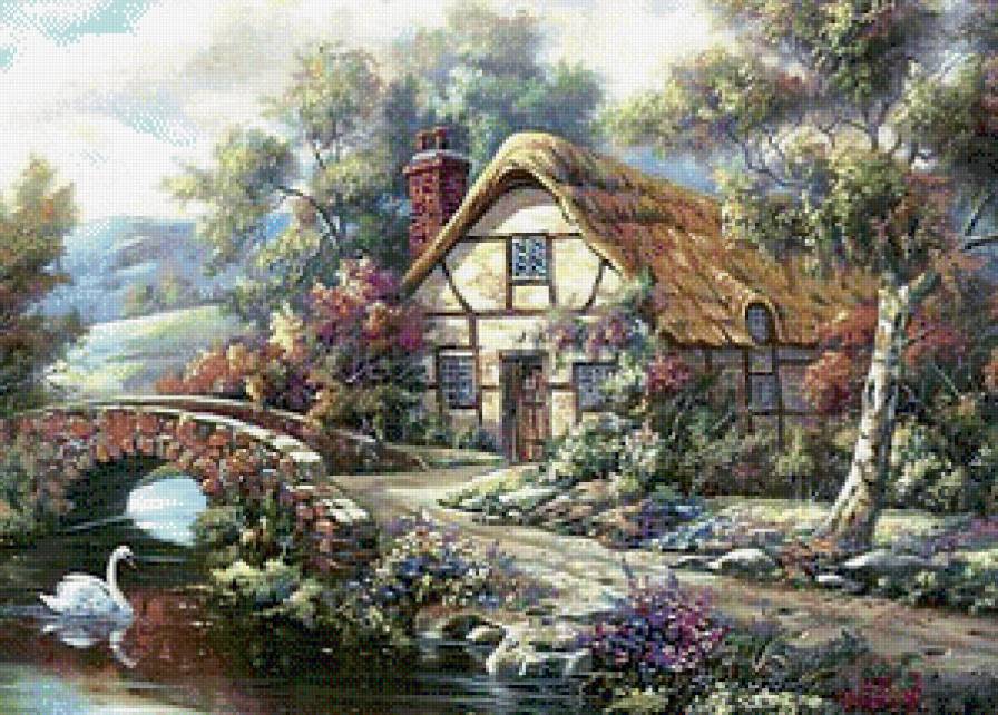 Уютный домик - лебеди, мостик, цветы, домик, пруд, пейзаж, красота - предпросмотр