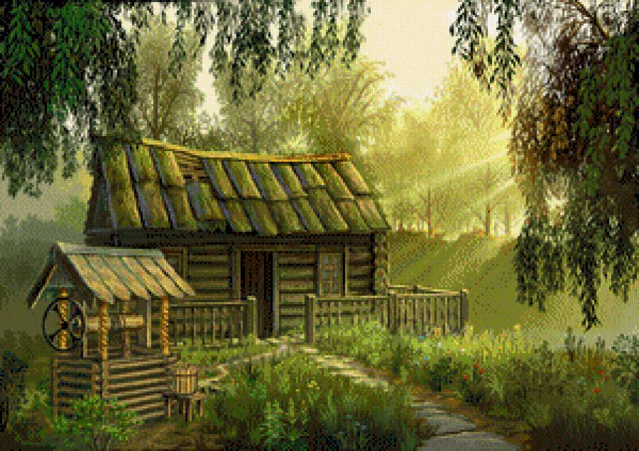 рассвет - колодец, рассвет, пейзаж, лето, лес, дом, утро - предпросмотр