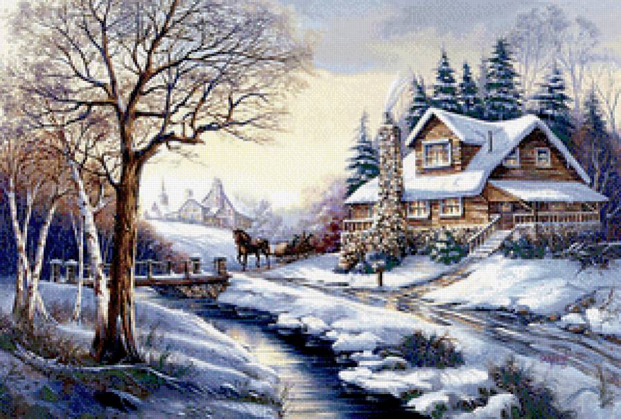 Рождественский пейзаж - зима, рождество, снег, пейзаж, лошадка, домик - предпросмотр