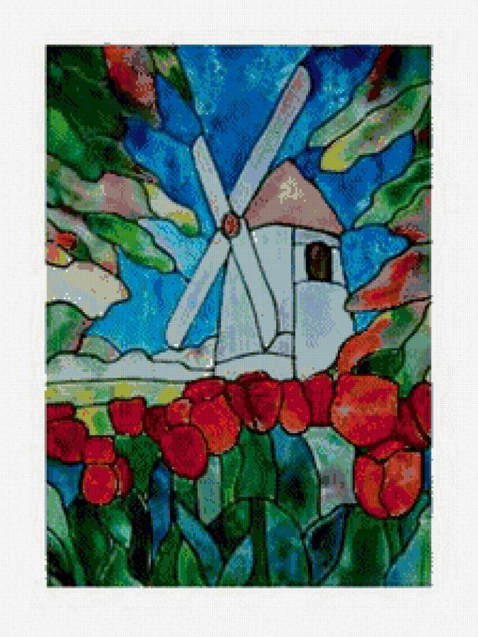Мельница - мельница, тюльпаны, витраж - предпросмотр