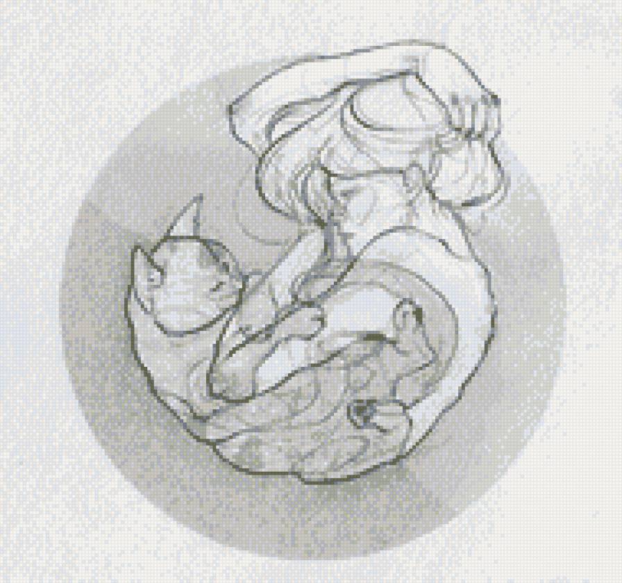 Подарок - графика, кот, девушка, монохром - предпросмотр