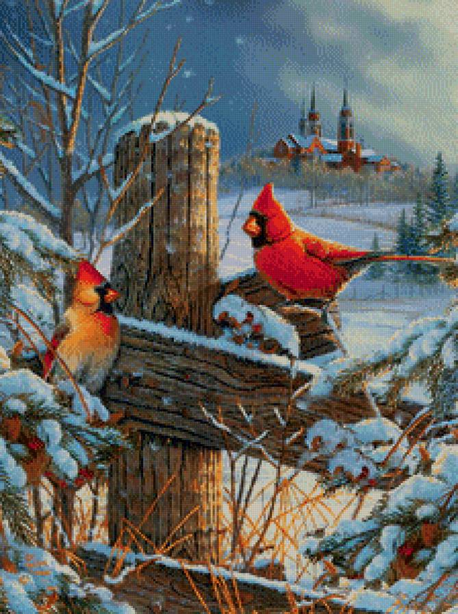 картина - пейзаж, зима, птицы - предпросмотр