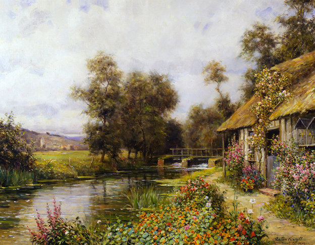 луис астон найт 18 домик у шлюза - цветы.река, природа.пейзаж, луис астон найт, картина - оригинал