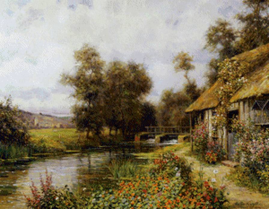 луис астон найт 18 домик у шлюза - картина, луис астон найт, природа.пейзаж, цветы.река - предпросмотр
