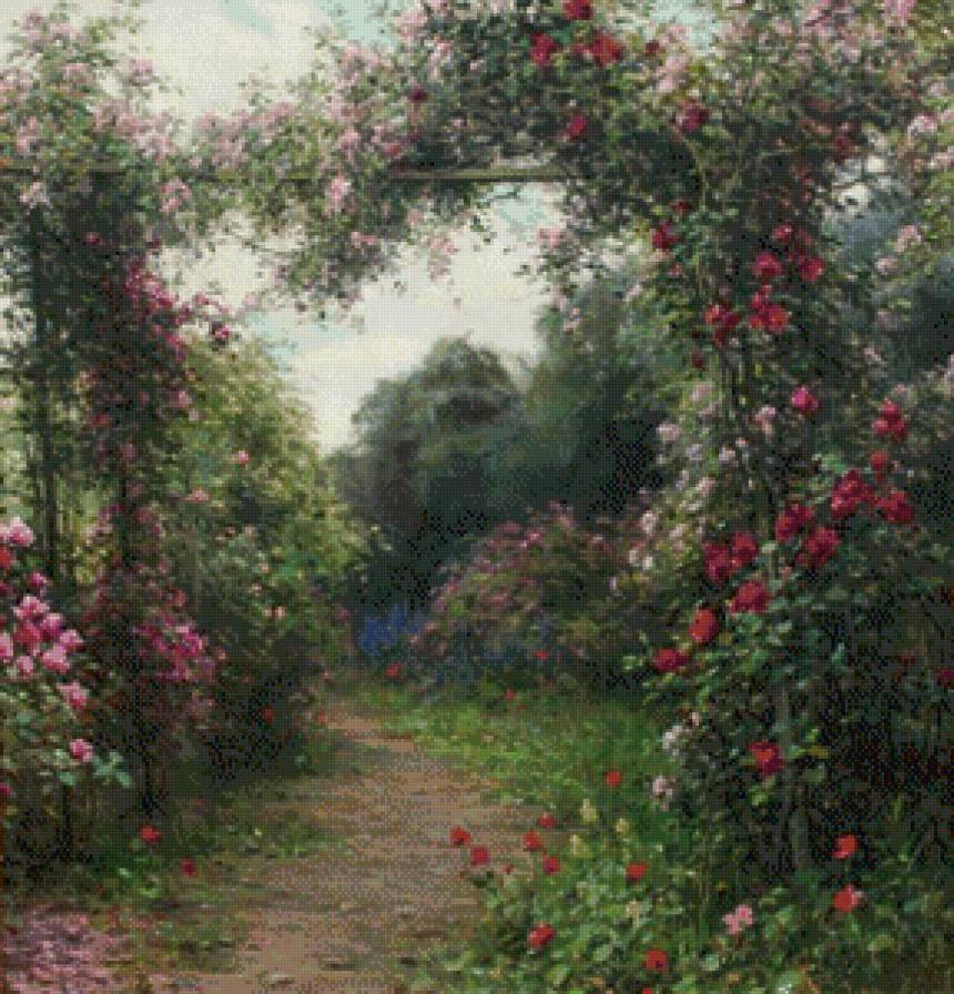 луис астон найт 30 розовая арка - река, картина, цветы, луис астон найт, пейзаж, природа - предпросмотр