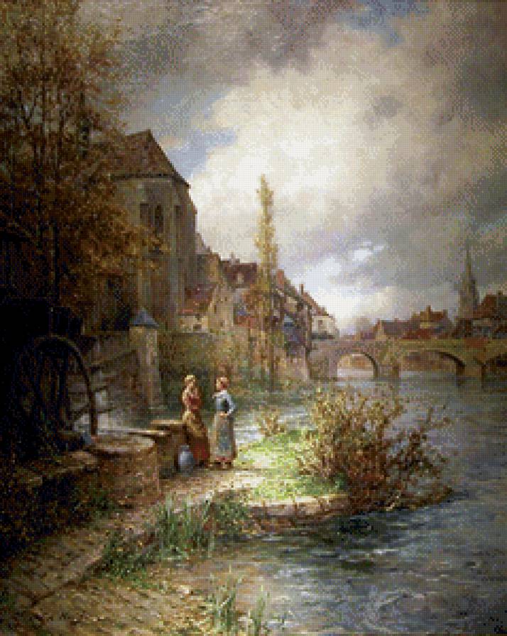 луис астон найт 32 у водяной мельницы - природа, цветы, картина, луис астон найт, река, пейзаж - предпросмотр