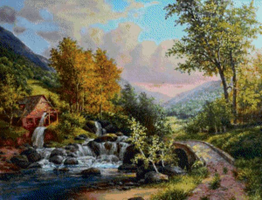 Мельница - река, мельница, лес, живопись - предпросмотр