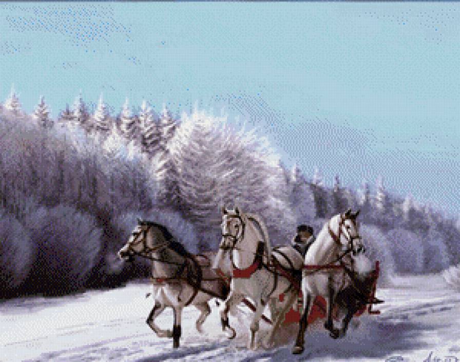 тройка - лошади, зима, лорога, пейзаж, лес - предпросмотр