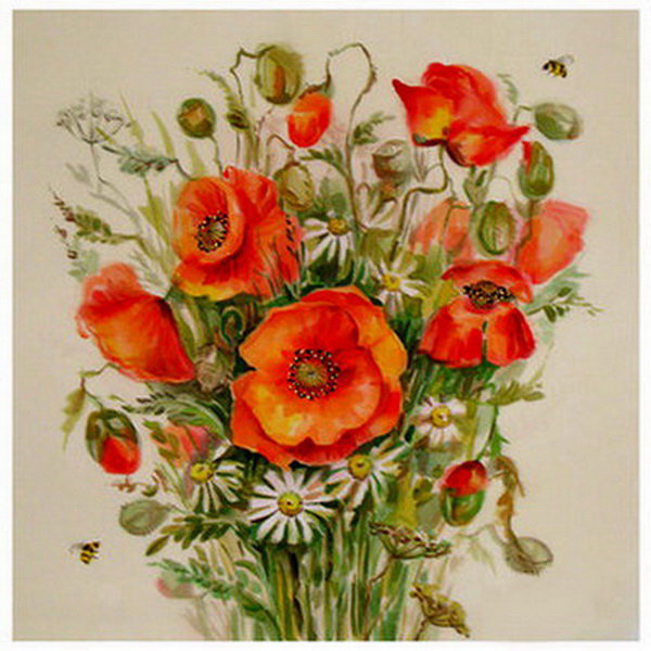триптих маки центральная часть - мак, цветы, живопись, букет, ромашка - оригинал