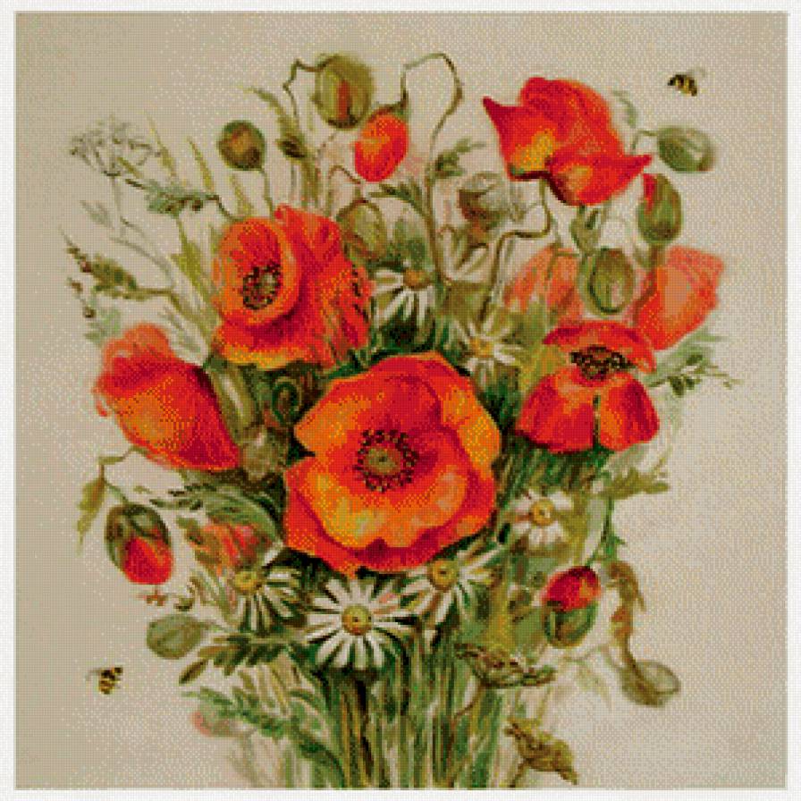 триптих маки центральная часть - живопись, ромашка, мак, букет, цветы - предпросмотр