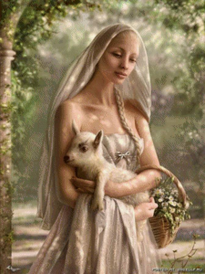 девушка с ягнёнком - дева, девушка, ягненок, картина, животные, религия, природа, лес, ангел - предпросмотр
