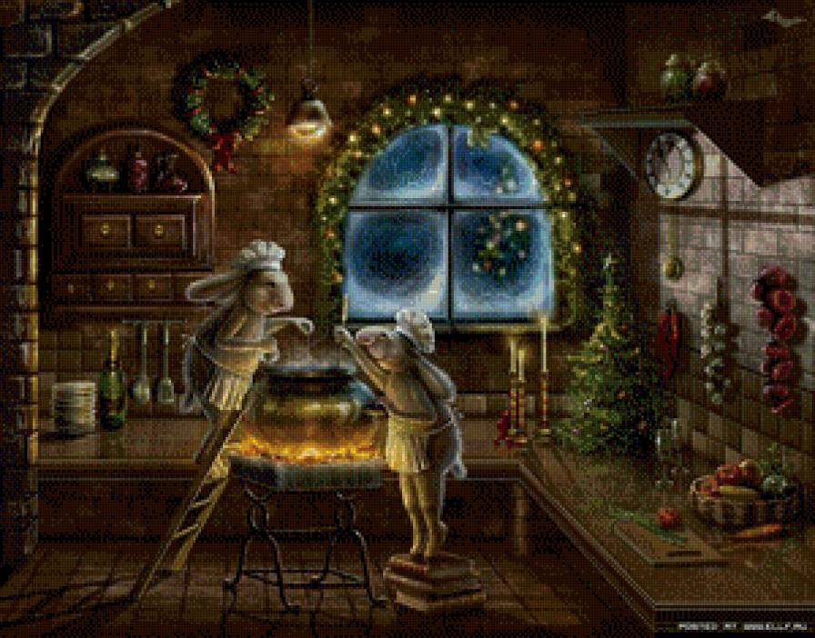 кролики - обед, фентези, картина, кухня, котел, кролики - предпросмотр