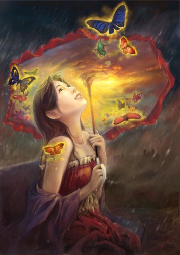 Девушка с зонтиком - девушка, бабочки, фэнтези - оригинал