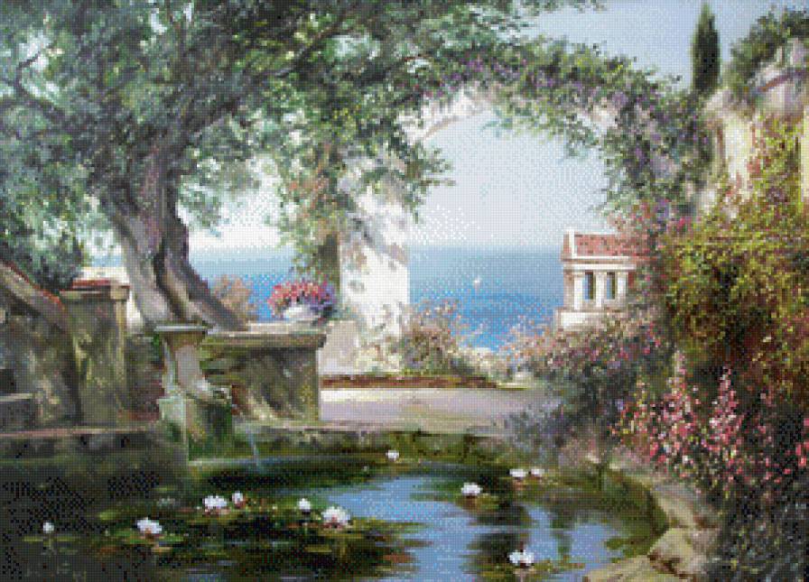 Пруд в саду - сад, пейзаж, пруд - предпросмотр