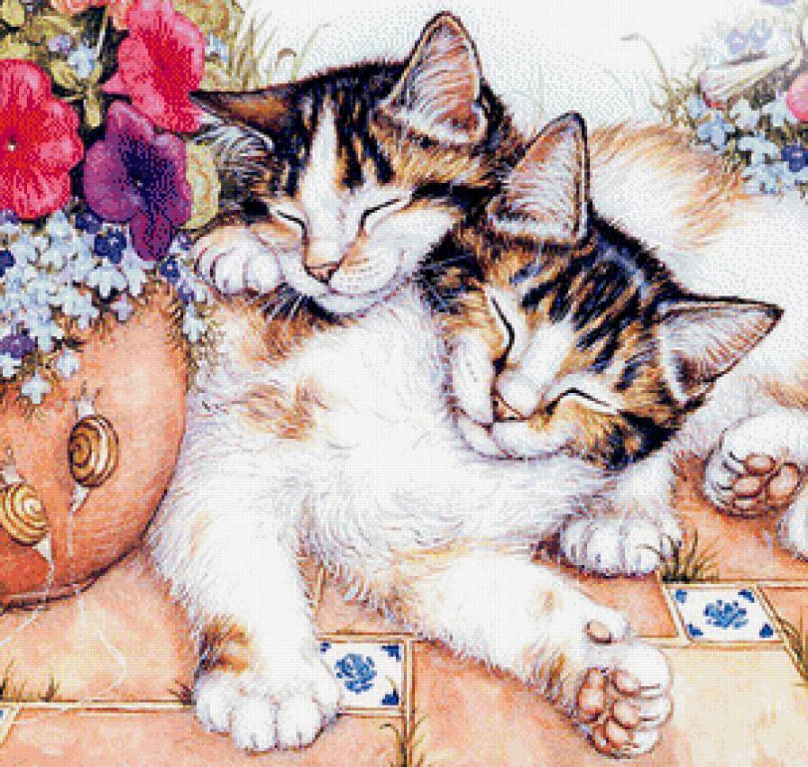 Пушистый сон - котята, животные, сон, цветы, кошки - предпросмотр