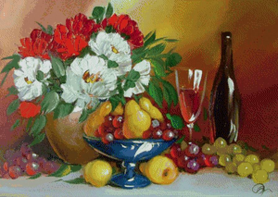 Натюрморт с вином - натюрморт, бокал вина, цветы, фрукты, вино - предпросмотр