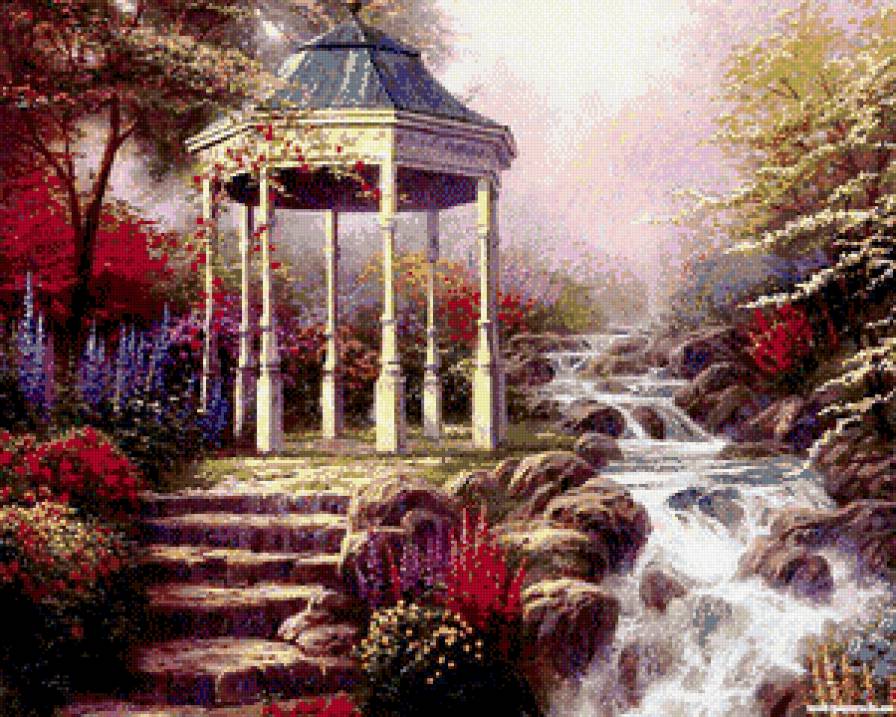 беседка у ручья - цветы, парк, ручей, природа, беседка, пейзаж - предпросмотр