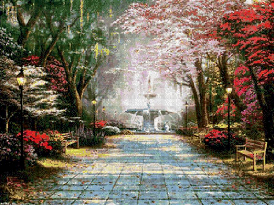 фонтан в парке - дорожка, цветы, деревья, парк, природа - предпросмотр