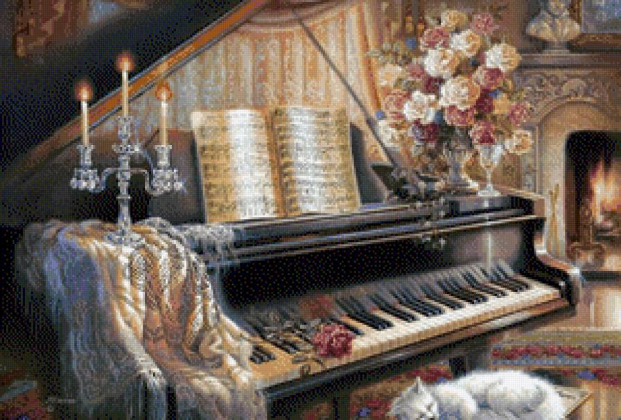 рояль - музыка, роза, ноты, уют, кот, рояль, цветы, вечер - предпросмотр