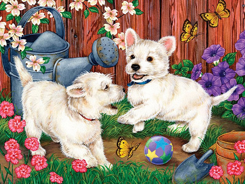 Малыши в саду - сад, бабочки, собаки, животные, щенки, цветы - оригинал