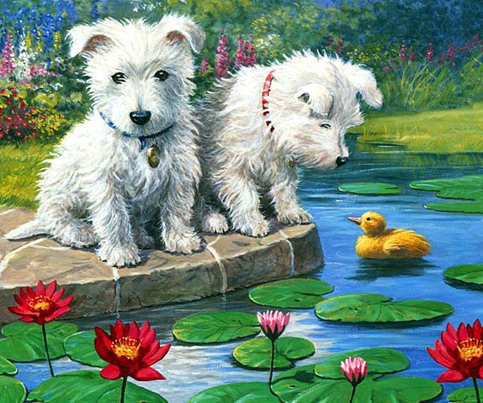 Малыши у пруда - утенок, бабочки, сад, собаки, животные, щенки, цветы - оригинал