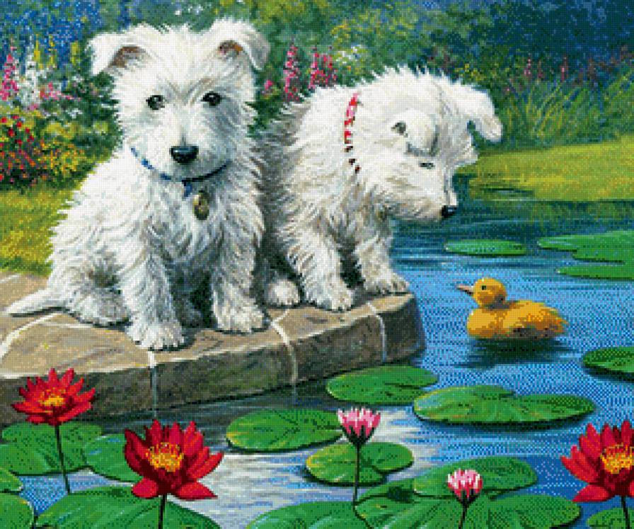 Малыши у пруда - бабочки, утенок, собаки, щенки, цветы, сад, животные - предпросмотр