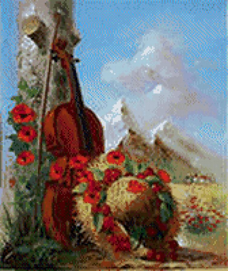 ПЕРВАЯ СКРИПКА - пейзаж, цветы, маки, скрипка - предпросмотр