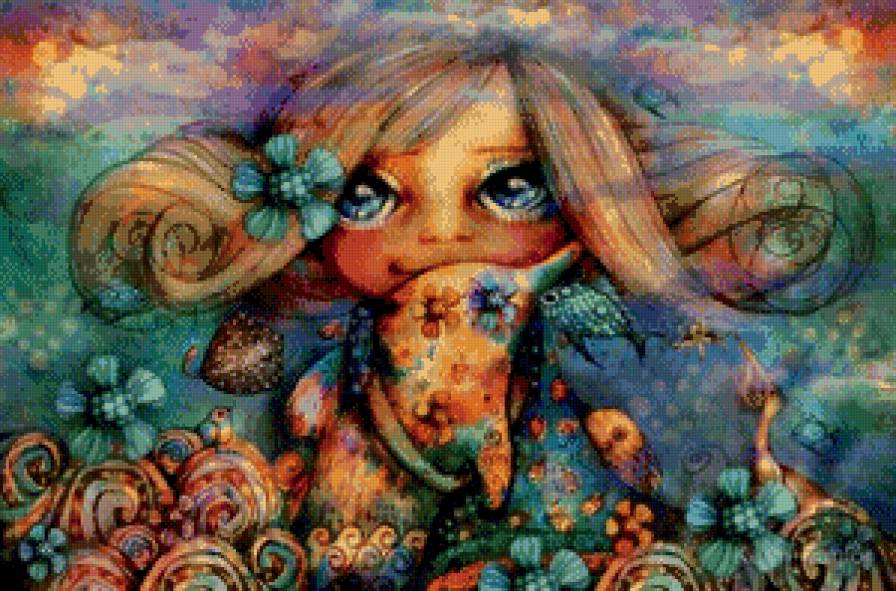 Фея маленькая девочка - оригинальный рисунок, фея, глаза, сложный фон - предпросмотр