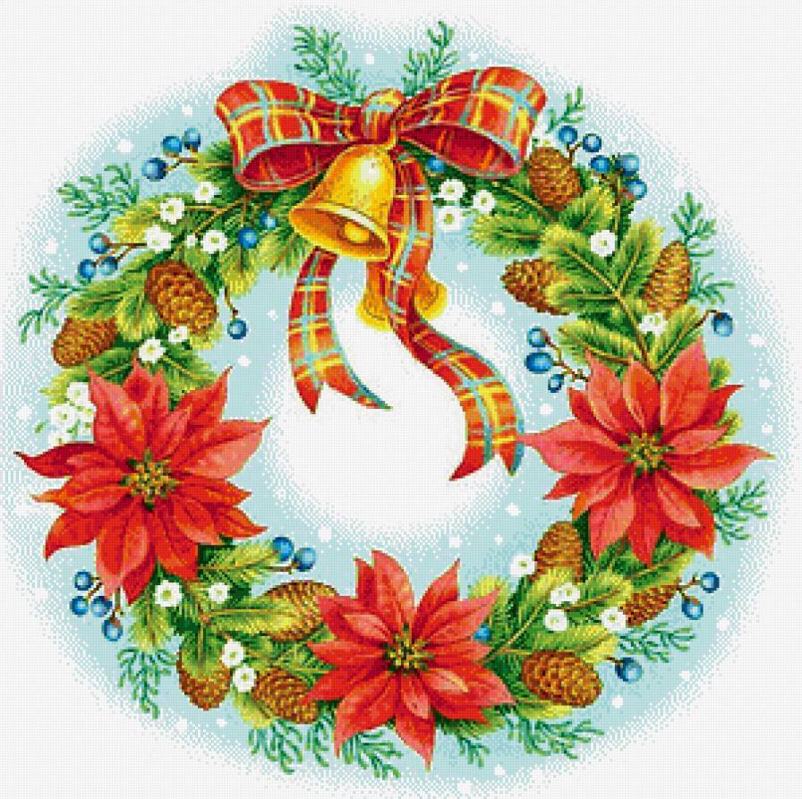Рождественский венок - колокольчик, шишки, ягоды, цветы, рождество, венок - предпросмотр