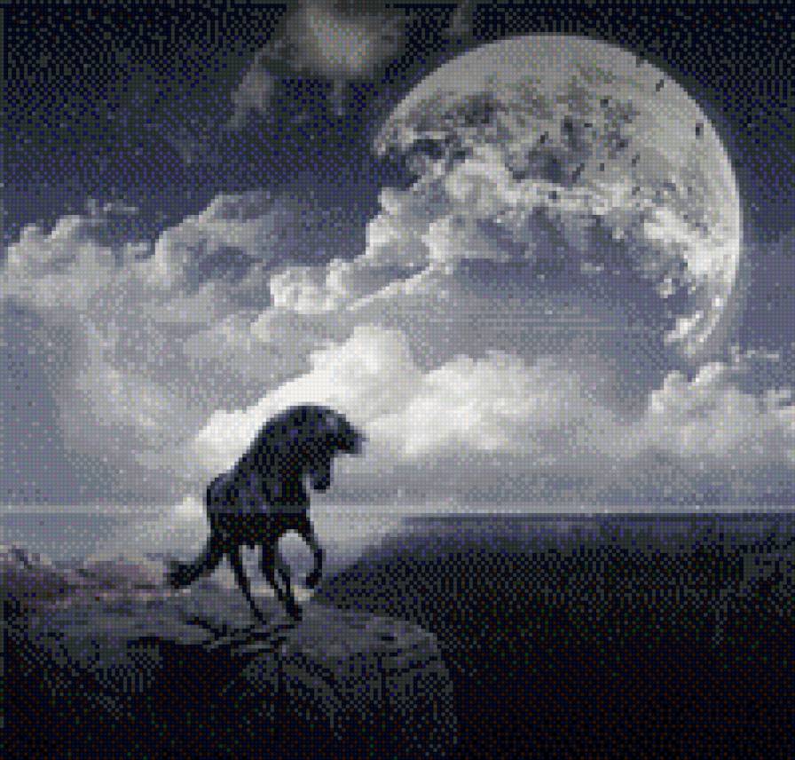 лунная ночь - кони, мустанг - предпросмотр